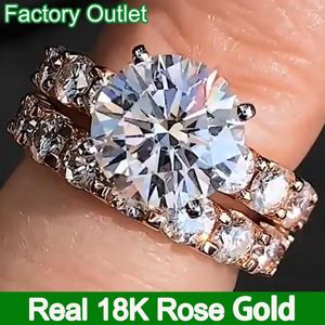 Cluster Anneaux Custom Real 18K Rose Gold Bridal SetS Ring Women Engagement Anniversary Weddary Band de mariage Perle Round Moissanite Diamond