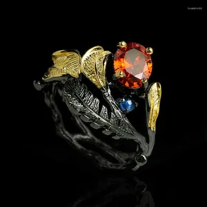 Anneaux de cluster exquis bijoux en or noir bague de plume pour femme de haute qualité incrusté de zircon rouge fête