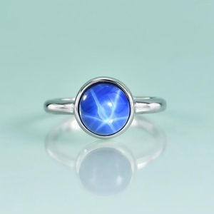 Anillos de racimo Gem's Beauty 925 Sterling Silver Solitaire Round Bisel Ajuste Lab Star Sapphire Anillo para mujeres Joyería fina simple