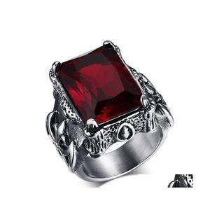 Cluster Anneaux Gothic Vintage Ruby Gemles Diamants Zircon Red Zircon pour hommes Titane Bijoux en acier inoxydable Bijoux Bague Punk Fashion D Dhri2