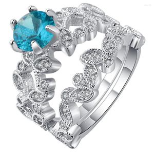 Cluster Anneaux Hainon Ring Set Bijoux pour femmes Enage de mariage Blue CZ Bridal Anniversary Gift Silver Color Femme Fleur de doigt