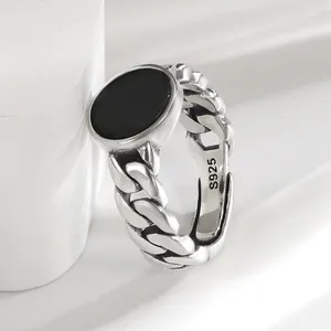 Anillos de racimo HOYON S925 Plata esterlina Moda Hip Hop Anillo para hombres con incrustaciones con ágata negra Accesorios de joyería para parejas unisex para mujeres