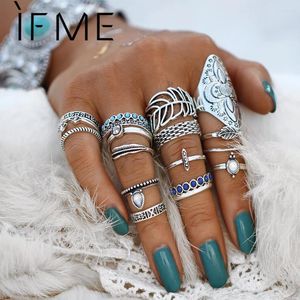 Bagues de cluster If Me Vintage Bohemian Ring Set Punk Antique Argent Couleur Feuille Armure Bouclier Géométrique Knuckle Midi Pour Femmes Bijoux Cadeaux