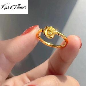 Anillos de racimo KISSFLOWER 24KT Anillo de oro amarillo para mujeres niña flor rosa ajustable joyerías finas al por mayor regalo de fiesta de boda RI161