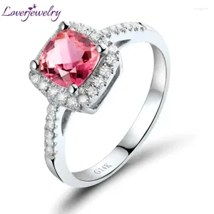 Cluster Anneaux Loverjewelry Rose Gemstone Ring Natural Diamond Cushion Shape Tourmaline Wedding in Solid 14K White Gold For Women