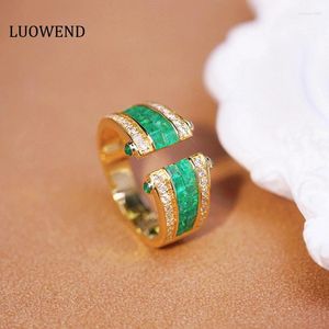 Bagues de cluster Luowend 18K Or Jaune Vintage Roll Design Naturel Émeraude Brillant Diamant Ouvert Large Bague Pour Femmes Haute Fête Bijoux