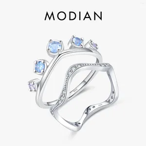 Anillos de racimo MODIAN 925 STERLING Silver Light Azul Anillo de dedo de dedo moderno Línea irregular apilable para mujeres joyas de cócteles