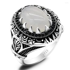 Bagues en grappe Bague en agate naturelle pour hommes Pur 925 Sterling Silver Punk Vintage White Stone Avec Black Zircon Male Turkish Jewelry Gift