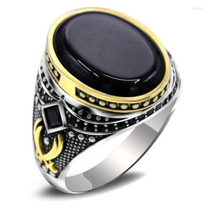 Anillos de racimo Piedra de ágata negra natural emparejada con 925 anillos de plata esterlina para hombres Conjunto de diseño Punk Style Girl Jewelry