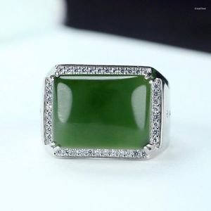 Bagues de Grappe Jade Vert Naturel 925 Bague en Argent Sterling Hommes Fine Jewelry Véritable Néphrite Chinois Hetian Jades Rectangle Réglable