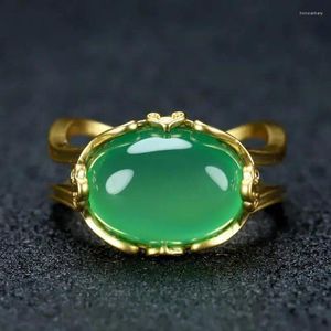 Anillos de racimo Anillo de jade verde natural 24k Chapado en oro real Cobre Myanmar Jadeíta Dorado Ajustable Hombres Mujeres Accesorios de joyería fina