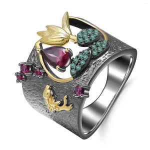 Anillos de clúster Rhodolite Natural Genstone Gemstone Caballado de pájaros Cabras de oro Capas de oro 925 Sterling Silver Finger Mujeres