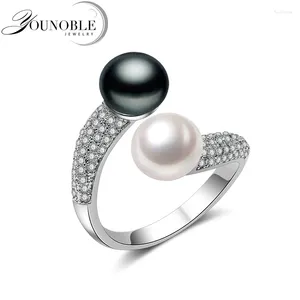 Bagues de cluster Real 925 Sterling Silver Double Perle Femmes Fille Cadeau Mariée Bague Noire