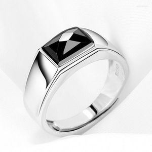 Cluster Rings Real S925 Silver Natural Black Stone Ring Pour Homme Élégant Large Face 925 Hommes