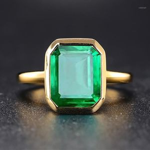 Cluster anneaux Real Silver 925 Retro Square Green Stone Ring 18K Gold Color Cumbic Zircon Emerald For Women Anniversary Party Gift277o