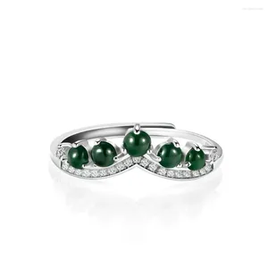 Anillos de racimo Real Sólido 925 Plata esterlina Mujeres Natural A Grado Jade Jadeíta Negro Verde Grano Corona Anillo