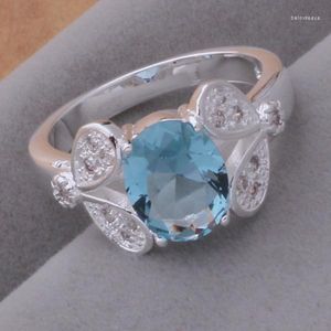 Bagues de cluster Éléments rétro élégant magnifique AR425 couleur argent gros bijoux de mode double feuille clip pierre bleue