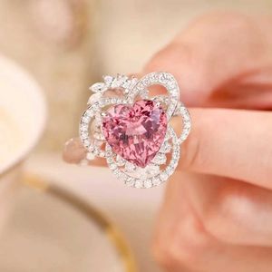 Anneaux de cluster Romantique rose coeur cubique zircone S925 argent anneaux femmes Noble plein diamant princesse éternité bague de fête de mariage beaux bijoux YQ240109