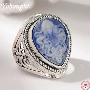 Cluster anneaux S925 Silver Sterling pour femmes Fashion Ancient Beauty God Gard Waterned Shell Agate Relief Jewelry