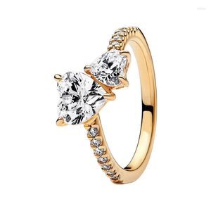 Cluster Rings Shine Gold Signature Double Hearts Stack Finger Pour Femmes Bandes De Mariage Bijoux Clear Cubic Zircon Stone Mother's Day Gift