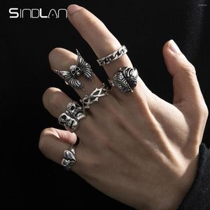 Cluster Anneaux Sindlan 6 Pcs Gothique Argent Couleur Squelette Pour Hommes Punk Grimace Coeur Streetwear Ensemble Couple Emo Bijoux De Mode Anillos