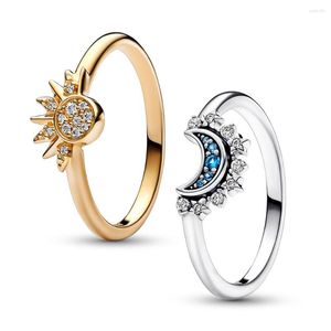 Anillos de racimo Verano Celestial Azul Espumoso Luna y Sol Anillo para mujer Cóctel Banda de dedo apilable Moda Plata 925 Joyería fina