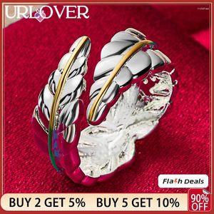 Anillos de clúster Urlover 925 Sterling Silver Ring para mujer Golden Feather Party Wedding Wedding Fashion Jewellry Birthday Gift