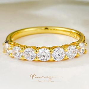 Anillos de racimo Vinregem Corte redondo Lab Creado Zafiro Piedra preciosa 18K Chapado en oro 925 Anillo de plata esterlina para mujeres Joyería de boda Regalos de banda