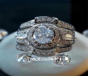 Cluster Anneaux Vintage14K White Gold Lab Diamond Ring Set Bijoux 3in1 Engagement Mariage Band pour femmes Bridal Fine Party Access8756469
