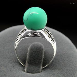 Bagues de cluster en gros bon rare 8mm vert turquoise perles marcassite 925 bague en argent sterling # 7/8/9/10 bijoux de femme fine véritable