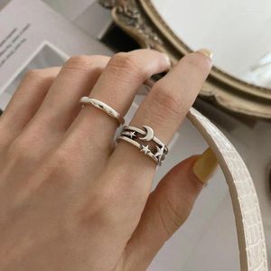 Anillos de clúster Fashion Fashion Silver Star Star Moon Ring Korea Simple Lindo Cóctel Multilayer Pareja de joyas para mujeres Regalos