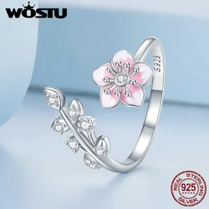 Anneaux de cluster WOSTU 925 Sterling Silver Cherry Blossom Bague d'ouverture avec Zircon pour femmes fille originale réglable printemps bijoux cadeau quotidien