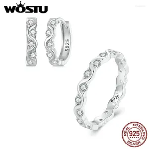 Bagues de cluster WOSTU 925 Sterling Silver Wave Style Zircon Bague de mariage Boucles d'oreilles pour femmes rondes brillantes CZ Pendientes Bijoux de fête