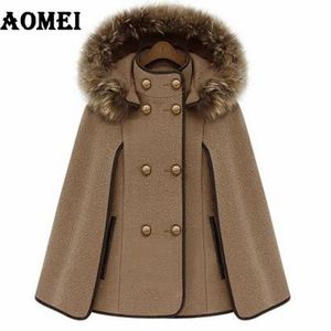 Manteau de femmes Cachemire Hiver Automne Horloge Laine Chaude avec Col De Fourrure Amovible Chapeau Double Bouton Femme Survêtement Manteau 210416