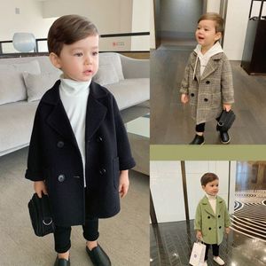 Coat Winter Grid Jackets Boys Girl Woolen Doublebreasted Baby Boy Trench Coat Lapel Autumn Kids Outerwear Coats Spring Wool Overcoat 230728