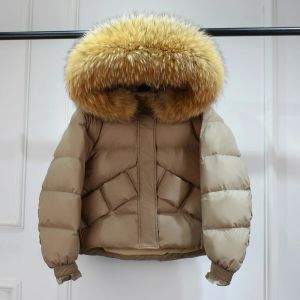 Abrigos 2023 nuevo invierno gran piel de mapache Real chaqueta acolchada mujeres corto 90% plumón de pato blanco suelto cálido mujer impermeable capucha Parka