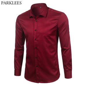 Abrigos marca vino rojo fibra de bambú camisas de vestir para hombre Slim Fit manga larga Chemise Homme Casual botón abajo elástico Formal camisa masculina