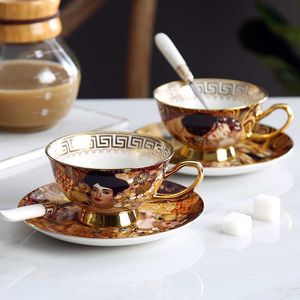 Ensemble de tasses à café Gustav Klimt Bone China Service à thé en céramique Klimt Kiss Cadeaux de luxe Verres en porcelaine Tasses à thé avec cuillère