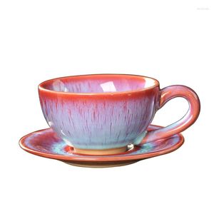 Juegos de té y café, cambio de horno de cerámica, juego de platos de taza de lujo pequeño europeo, esmalte cepillado, regalo Vintage