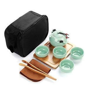 Conjuntos de té de café Hecho a mano chino / japonés Vintage Kungfu Gongfu Set - Tetera de porcelana 4 tazas de té Bandeja de bambú con un Tra portátil Otcxl