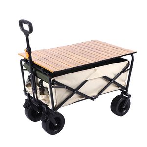 Collapsible Folding Wagon Cart Heavy Duty Foldable Cart with Big Wheels For Outdoor Large Capacity Utility Stroller Wagon with Adjustable Handle and Wood Roll Table