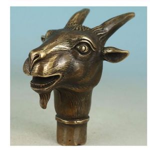 Collectionner Bronze sculpture à la main tête de chèvre tête de mouton canne bâton de marche tête Statue cerf statue222m