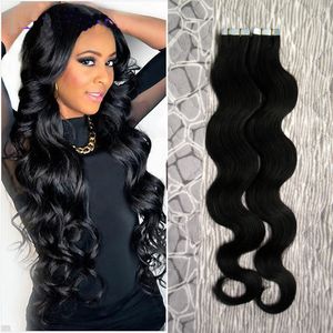 Color # 1 Jet Black Brazilian Body Wave Hair Extensiones de cabello con cinta de cabello humano 40 piezas de cabello de trama de piel de pu 100g extensiones de cabello con cinta ondulada