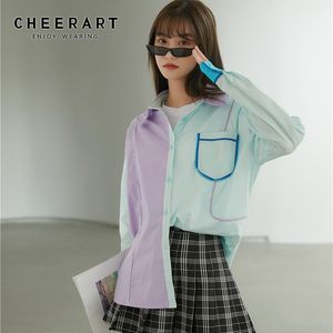 Camisa de diseñador de bloques de color para mujeres Menta Verde Manga larga Top y blusa Botón Up Collar Moda coreana 210427