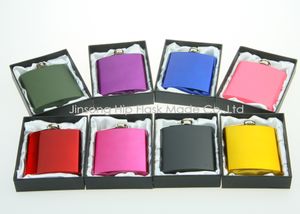 Petaca de acero inoxidable de 6 oz con revestimiento de color en caja de regalo negra, forrada de seda blanca, logotipo personalizado gratis, 18/8 S/S FOOD DEGREE