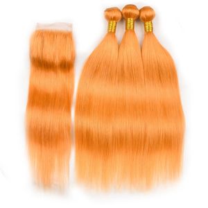 Straight Orange Hair Bundles with Closure Pure Orange Straight Indian Human Hair 3Bundles with Lace Closure 4x4 Orange Hair Extensions