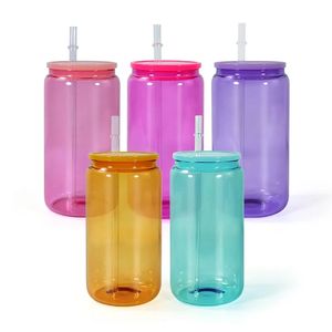 Colorful 16oz Sublimation Blanks Glass Cups Tumbler Juice Mason Jar Iced Beverage Soda Drinks Beer Can Glass Cups Coffee Mugs With Plastic Lids & Straws