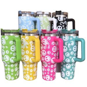 Gobelets de créateurs colorés de 40 oz, design de visage souriant en acier inoxydable avec poignée de logo, couvercle de paille, tasse de bière, bouteille d'eau, tasse de camping en plein air