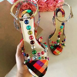 Sandales à talons hauts avec boules colorées clous arc-en-ciel sandales à sangle en T femmes chaussures d'été ornées de perles PVC femmes sandales 240201