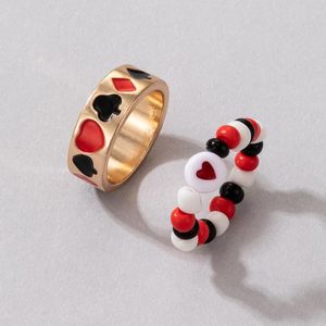 Ensembles de bagues perlées colorées pour femmes drôle coeur rouge mignon anneau breloques alliage métal bijoux de mariage accessoires